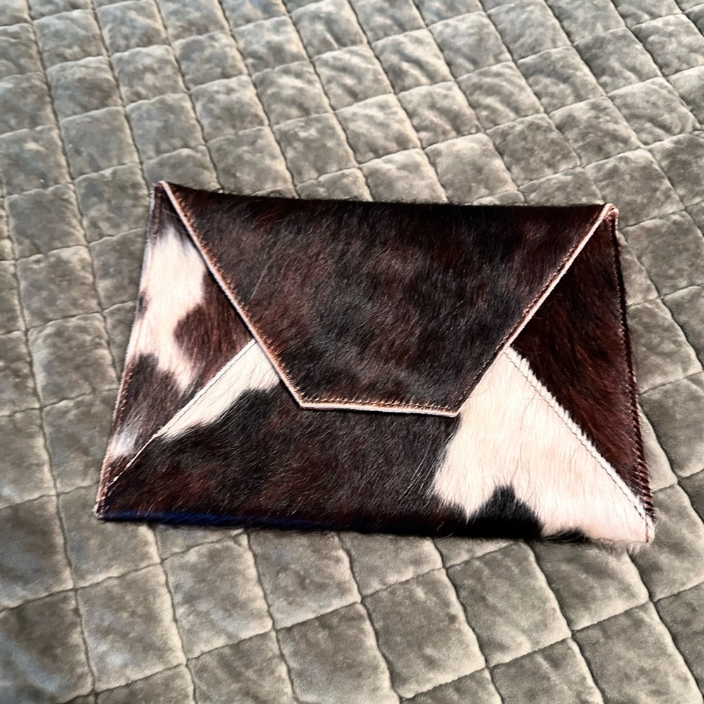 Hair-On-Hide Envelope Clutch in Brown and White